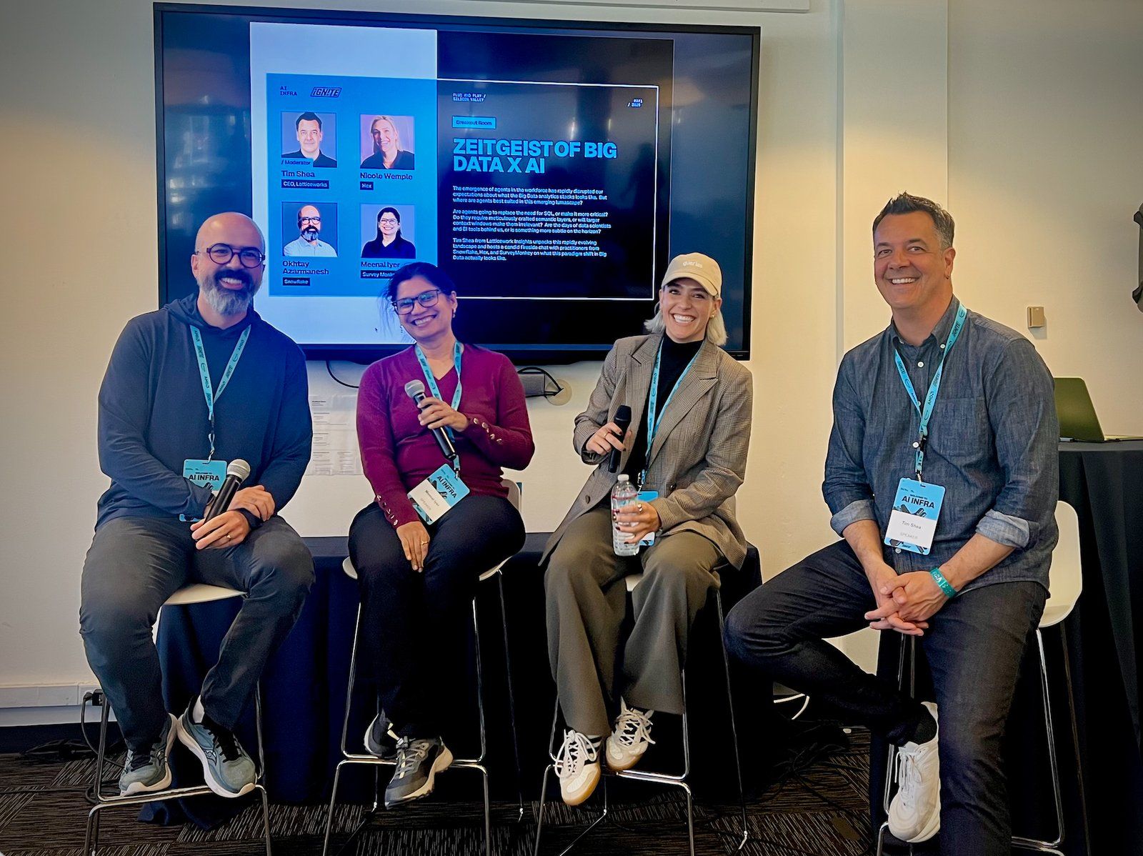 Tim Shea moderating the Zeitgeist of Big Data x AI panel with speakers from Snowflake, Hex, and SurveyMonkey at an AgenticX and AI Infra Ignite event.
